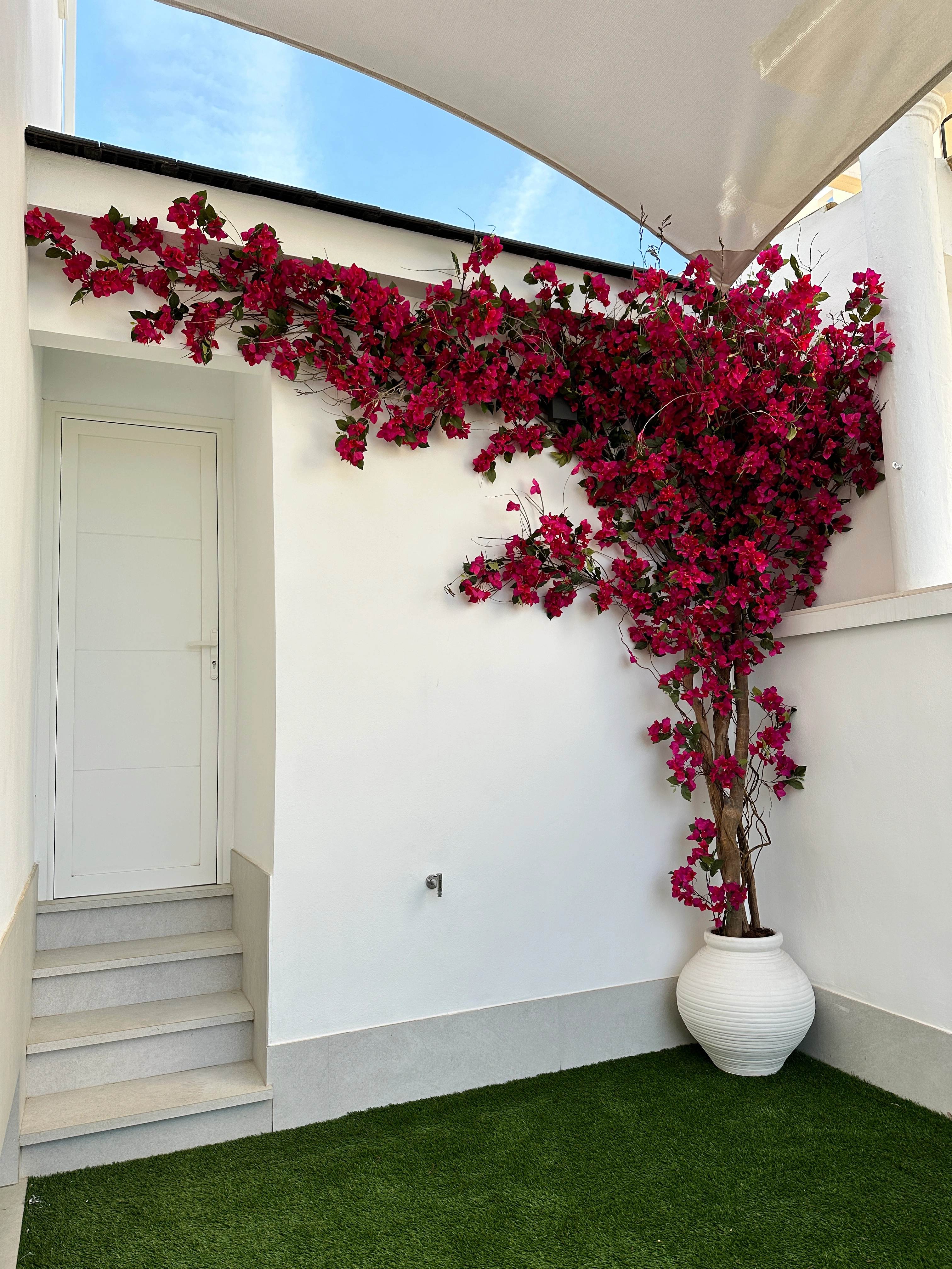 Esquina decorada con buganvillas en ambiente minimalista