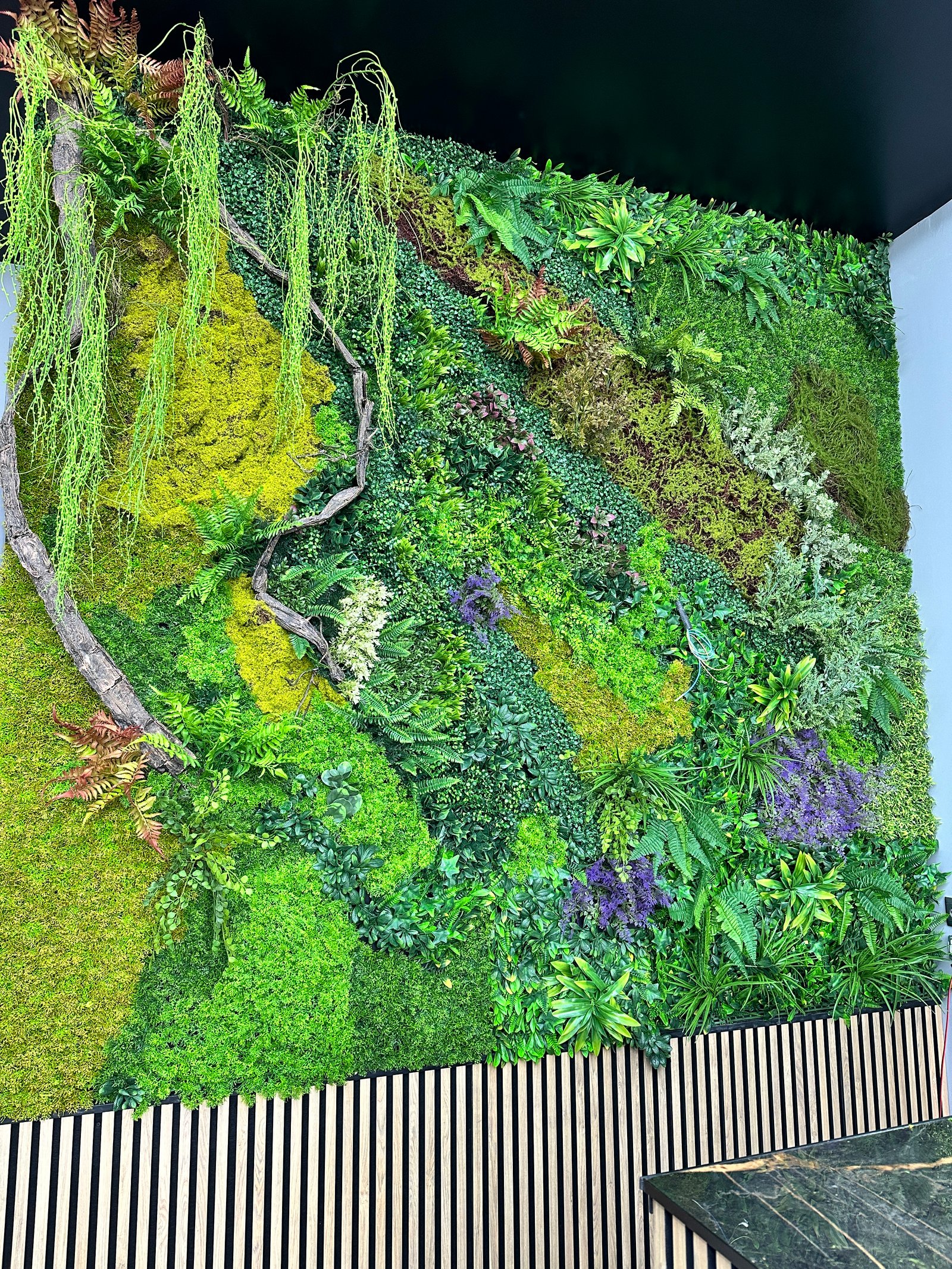 Jardín vertical interior con musgo y helechos en barbería moderna